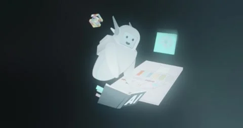 Robot interacting with a book and papers, concept of increasing role of AI in Video stock 313556855