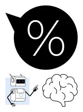 Robot Interacting with Brain and Percent Symbol in Speech Bubble, Emphasizi.. Stock Illustration