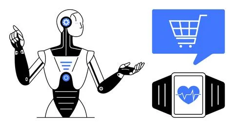 Robot interacting with digital shopping cart and smartwatch displaying a he.. Stock Illustration