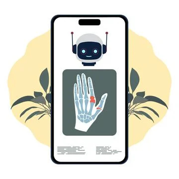 Robot interacting with human hand x-ray on smartphone screen, futuristic me.. 스톡 일러스트