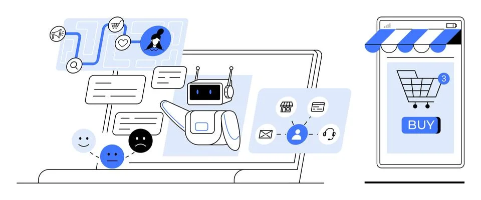 A robot interacting on a laptop with customer support tools like chat bubbles Stock Illustration