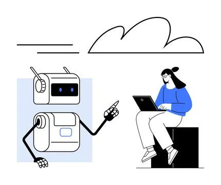 Robot interacting with person using laptop sitting near cloud storage, conv.. Stock Illustration