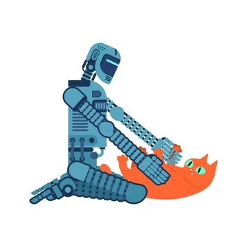 Robot interacting playfully with a cat. Vector illustration of artificial i.. Stock Illustration