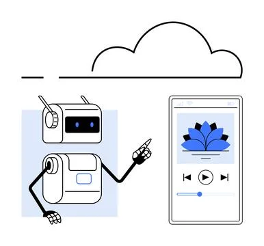 Robot Interacting with Smartphone Music App Under Cloud Storage Concept 스톡 일러스트