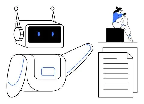 Robot interacting with a tablet-using person next to a document stack, symb.. Stock Illustration