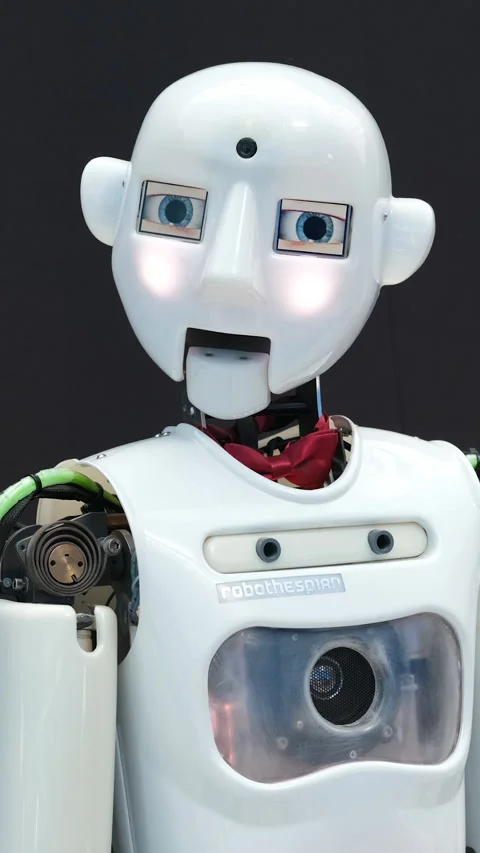 Robot interacting with visitors at tech exhibition Stock Footage 315989070
