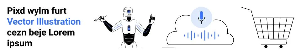 Robot interacts using voice commands near cloud icon with microphone and shop Ilustración de archivo
