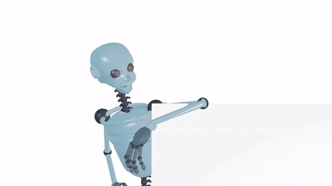 Robot introduces large sign - blank for copy. Looping 3d animation. Stock Footage 79722619