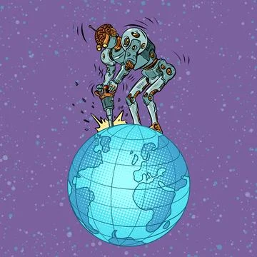 A robot with a jackhammer extracts natural resources from the planet earth 库存插图