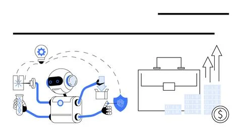 Robot juggling lab flask, graphic charts, paper, and lightbulb. Adjacent brie Stock Illustration
