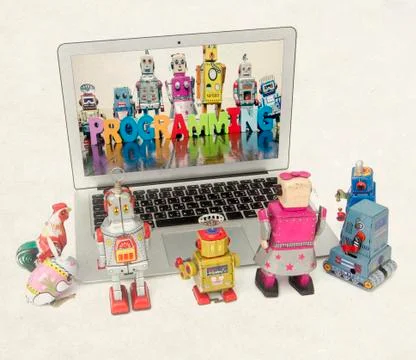 Robot kids lear programing on a laptop  i 写真素材