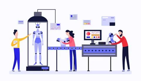 Robot lab quality testing - cartoon scientist people at laboratory 스톡 일러스트