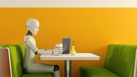Robot with laptop in cafe, 3D Rendering Stockillustratie