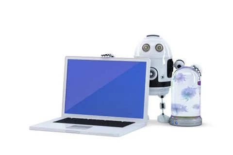 Robot with laptop. Computer security concept イラスト素材