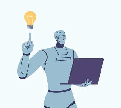 Robot with laptop has idea. Digital search metaphor, android system or future Stock Illustration