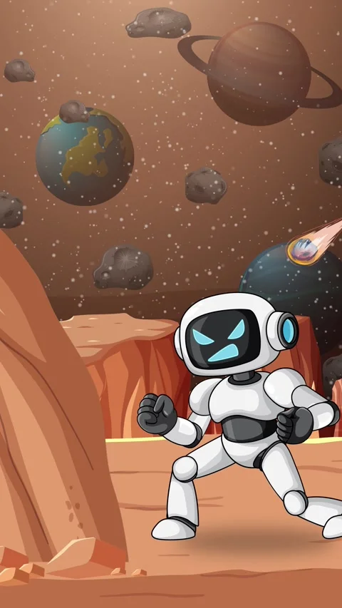 Robot Launches Energy Punch on Alien Planet Landscape Stock Footage 320997272