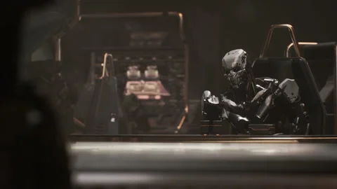 Robot leader talking while reading the information on the screen 03 库存影片 163644887