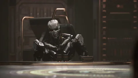 Robot leader talking while reading the information on the screen 04 Stock Footage 163645448