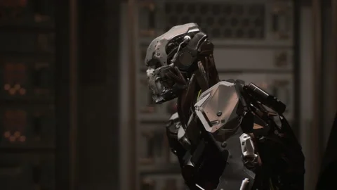 Robot leader talking while reading the information on the screen 05 库存影片 163646236