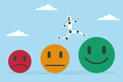 A robot leaping from a small sad icon to a large happy icon Stock Illustration