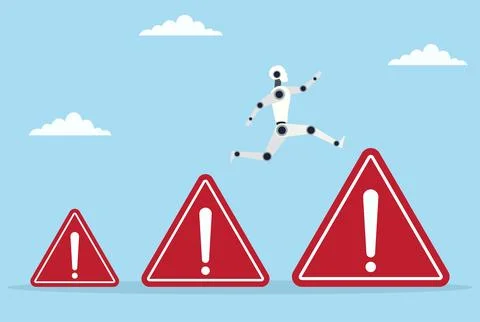 A robot leaping from a small warning icon to a large warning icon Stock Illustration