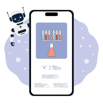 Robot learning chemistry on smartphone app with test tubes and flask, educa.. Stock Illustration