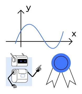 Robot Learning Concept with Graph and Achievement Ribbon Relates to AI and .. Stock Illustration