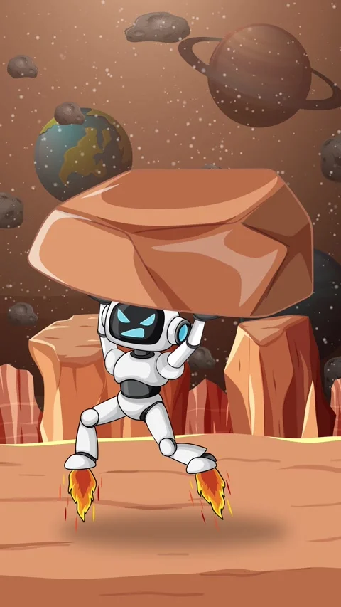 Robot Lifting Boulder and Flying on Alien Planet Surface Stock Footage 321121985