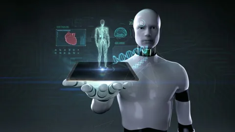 Robot lifting tablet, Human body scanning lymphatic system with UI, 4k. Stock Footage 100064106