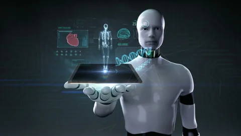 Robot lifting tablet, Human skeletal structure with UI, x-ray bone, 4k. Stock Footage 100064017