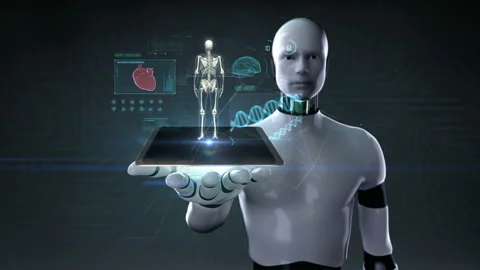 Robot lifting tablet, Rotating Human skeletal structure with UI, 4k. Stock Footage 100063889