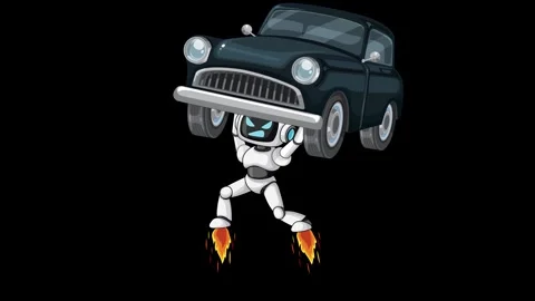 Robot Lifts Car With Jetpack and Releases It Midair Stock Footage 324935828