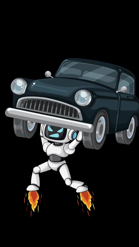 Robot Lifts Car Vertically Using Jet Propulsion on Black Background Stock Footage 324935752