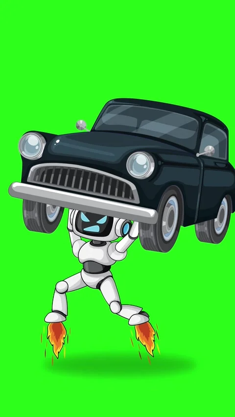 Robot Lifts Car Vertically Using Jet Boots on Green Screen Stock Footage 324935835