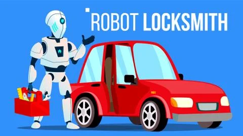 Robot Locksmith Repairing A Car Vector. Isolated Illustration Stock Illustration