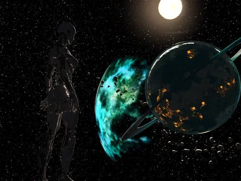Robot looking on an alien planet from space. Future technology concept, artif Stock Illustration