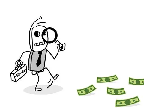 Robot looking at dollar banknotes through magnifying glass searching Stock Illustration