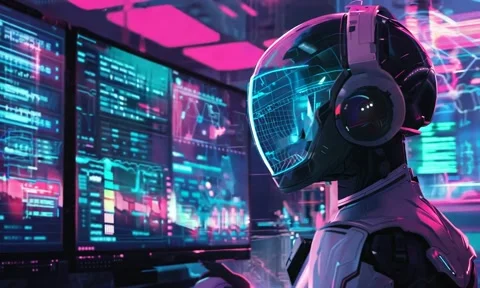 Robot Looking at Multiple Screens Stock Footage 294666200