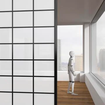 Robot looking out of window, 3d rendering Stock Illustration