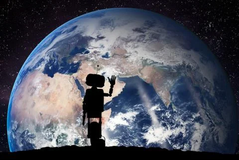 Robot looking on the planet Earth from space. Future technology concept, arti Stock Photos