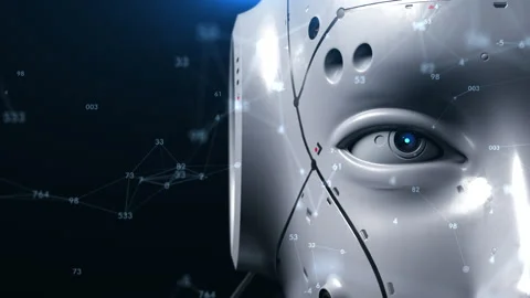 The robot looks close-up at the viewer observing what is happening. the eye g Stock Footage 171822870