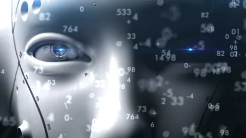 The robot looks close-up at the viewer observing what is happening. the eye g Stock Footage 171823141