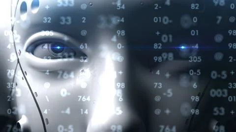 The robot looks close-up at the viewer observing what is happening. the eye g Video stock 171823142
