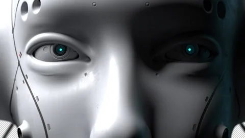 The robot looks close-up at the viewer watching. eye glows blue concept of te Stock Footage 171822295