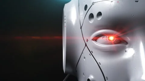 The robot looks close-up at the viewer watching what is happening. the eye gl Stock-Footage 171822840