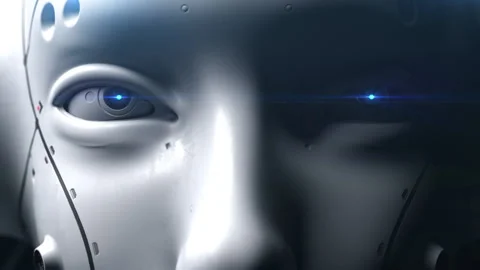 The robot looks close-up at the viewer watching what is happening. the eye gl Video stock 171823114