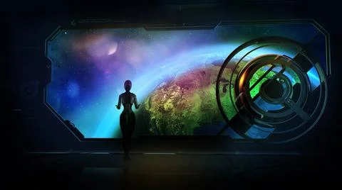 The robot looks at the Earth from orbit, 3D render. Illustrazione stock