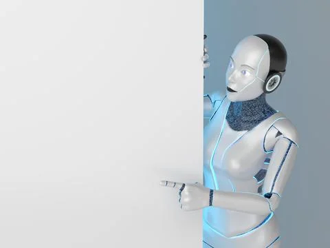 The robot looks at an empty white wall. 3D Render Illustrazione stock
