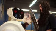 The Robot Looks At The Girl. Artificial Intelligence. Modern Robotic Stock Footage