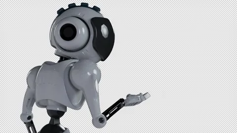 The robot looks at something levitating in his hand 스톡 동영상 254673933
